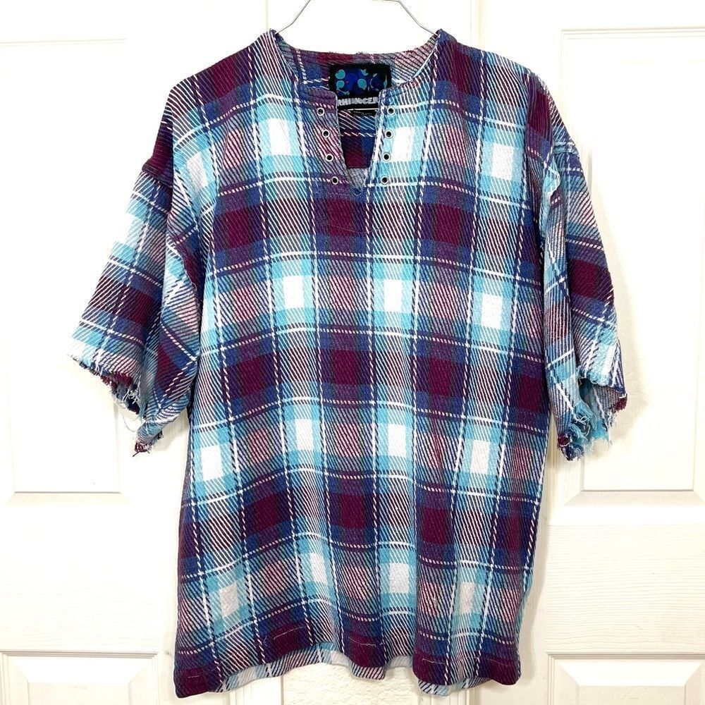 Rhinoceros Vintage 90’s Grunge Plaid Flannel Short Sleeve Top Burgundy Blue  XL